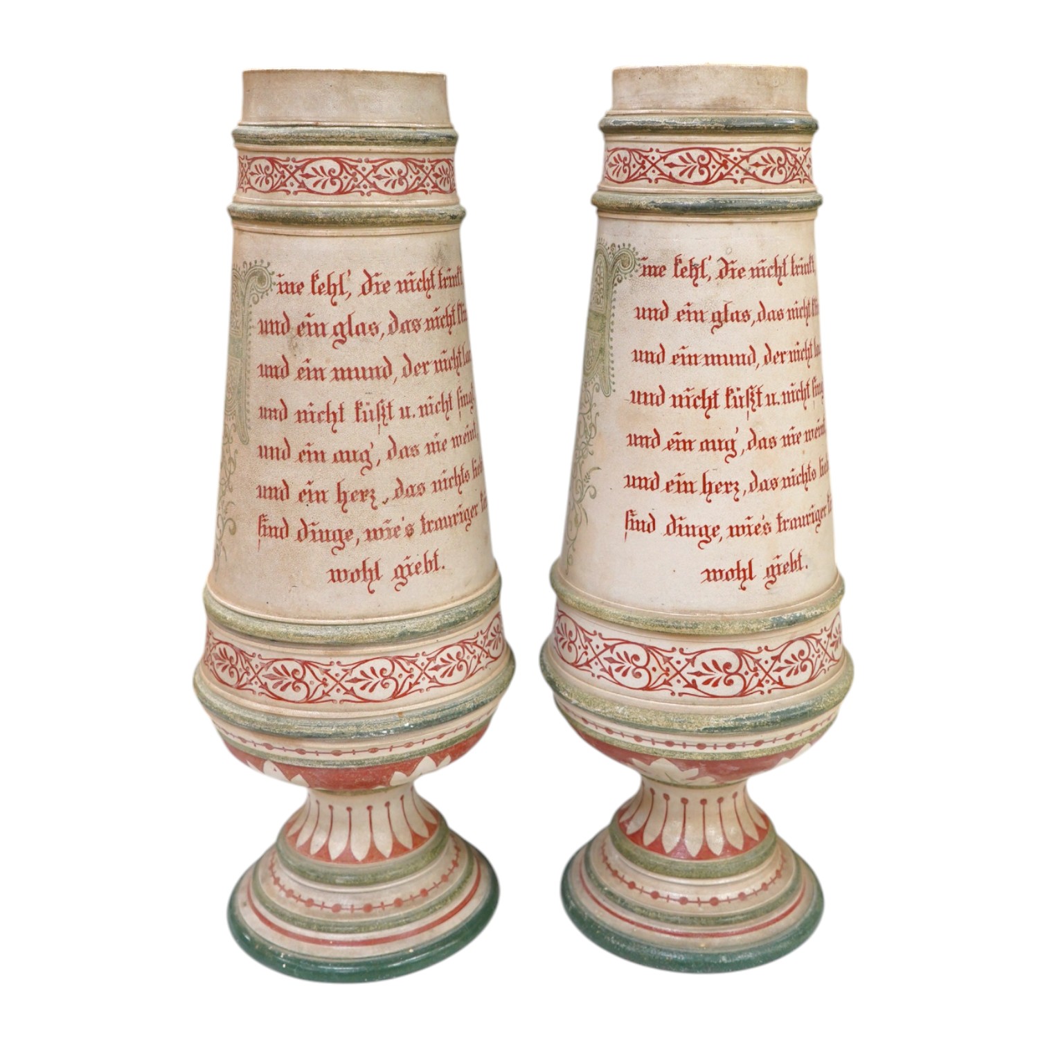 A pair of German stoneware mantel piece garniture vases, monogramed to base, 38cm high. Condition - fair